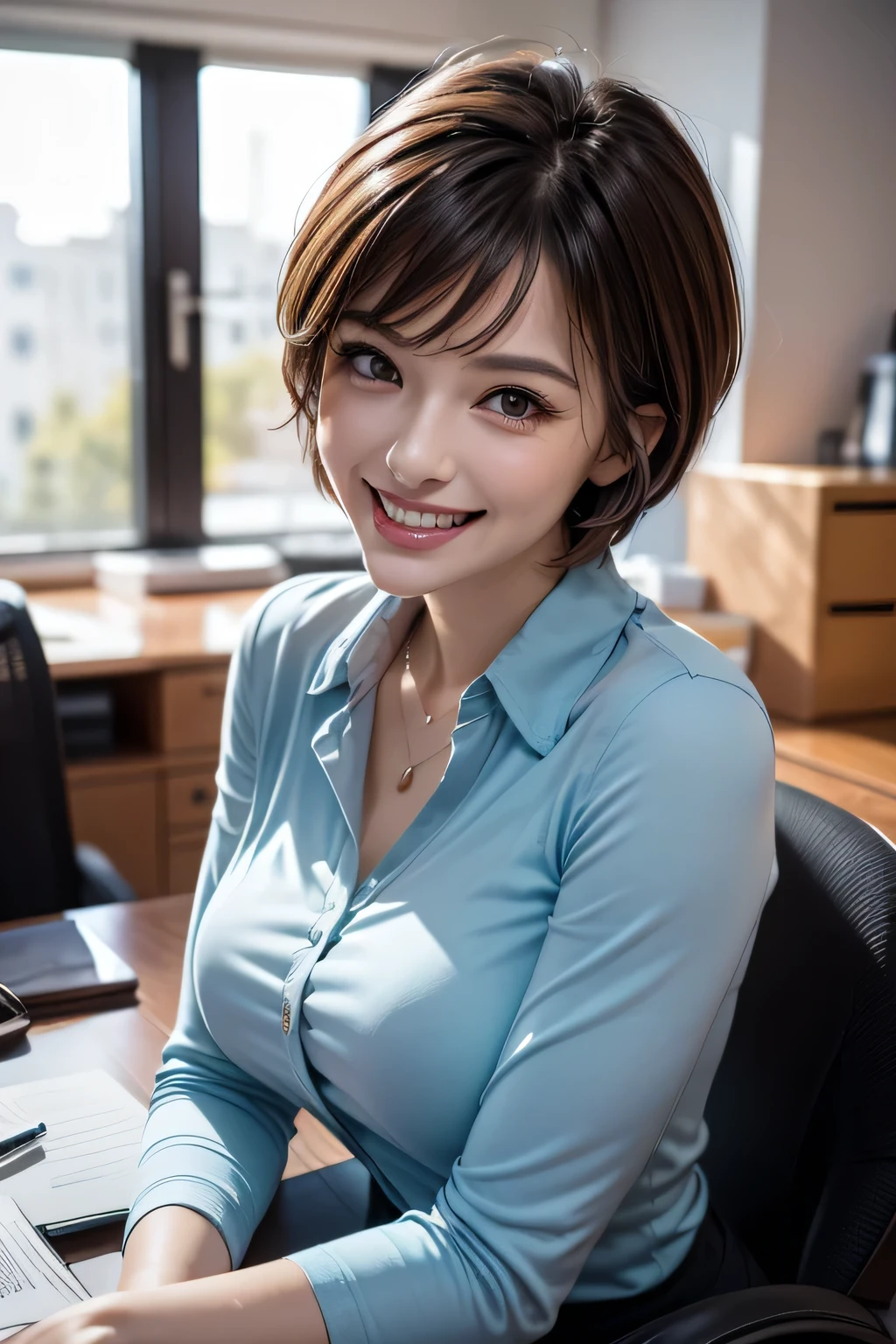 ((  masterpiece )), ((   top quality)), ((16k)), ((   surreal)), (( realistic)), (  mature), (( classes )),    very detailed , ( 1 Woman ), Beautiful and exquisite, (Beautiful Teeth), grin,  brunette pixie cut,    brown eyes  , (( blue blouse )), (   upper body), (( office)),    perfect eyes, amazing eyes,   Look at the audience with your body facing forward 