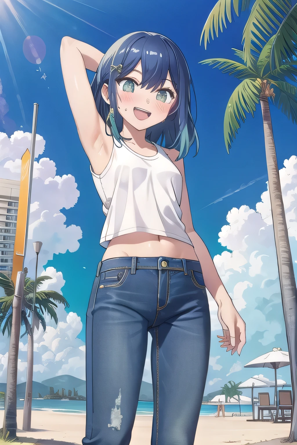 masterpiece,best quality,ultra detail,1girl, yo, pee, ((round face, ecstasy, orgasm face, drooping eyes, shame smiling, blush)), dropping eyes, sleepy, background((under the beach, (day:1.2), palm tree, bright sky)), akane kurokawa, bangs, (green eyes:1.3), blue hair, medium hair, dark blue hair, arms behind head, contrapposto, spread armpits, looking at viewer,, (white tank top:1.2), (white crop top:1.2), (jeans pants:1.2, flares jeans:1.2, skinny jeans:1.2, blue jeans:1.2), standing, (legs spread:1.2), sex pose, Sweaty crotch, Steam from the crotch, from below, full medium body