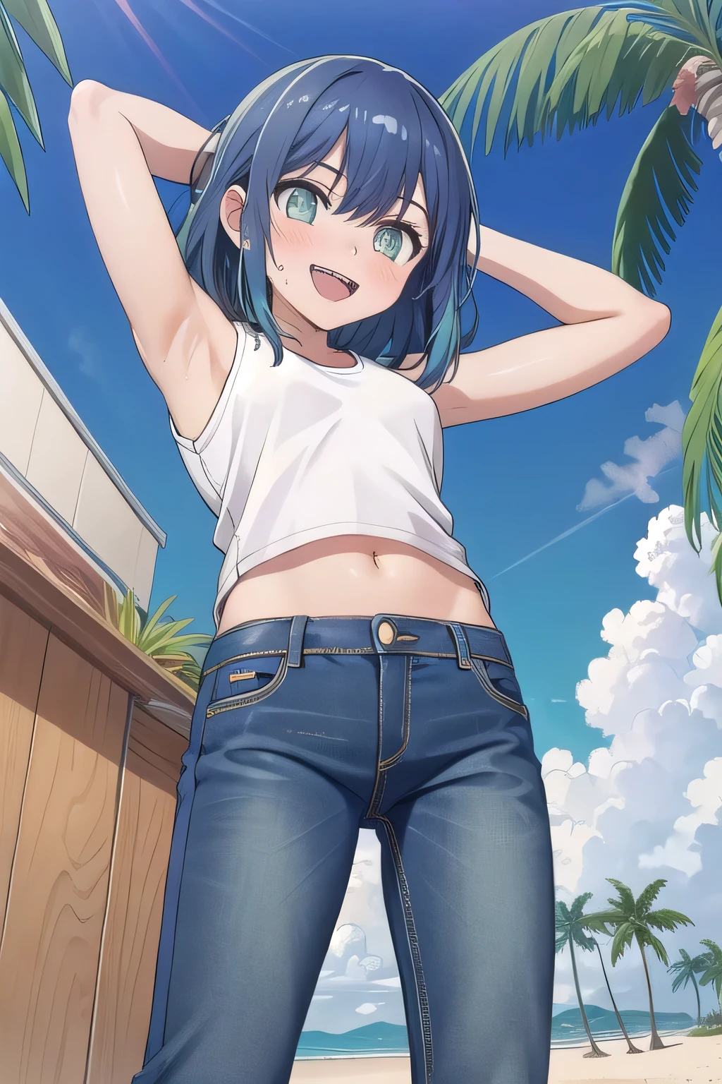 masterpiece,best quality,ultra detail,1girl, yo, pee, ((round face, ecstasy, orgasm face, drooping eyes, shame smiling, blush)), dropping eyes, sleepy, background((under the beach, (day:1.2), palm tree, bright sky)), akane kurokawa, bangs, (green eyes:1.3), blue hair, medium hair, dark blue hair, arms behind head, contrapposto, spread armpits, looking at viewer,, (white tank top:1.2), (white crop top:1.2), (jeans pants:1.2, flares jeans:1.2, skinny jeans:1.2, blue jeans:1.2), standing, (legs spread:1.2), sex pose, Sweaty crotch, Steam from the crotch, from below, full medium body