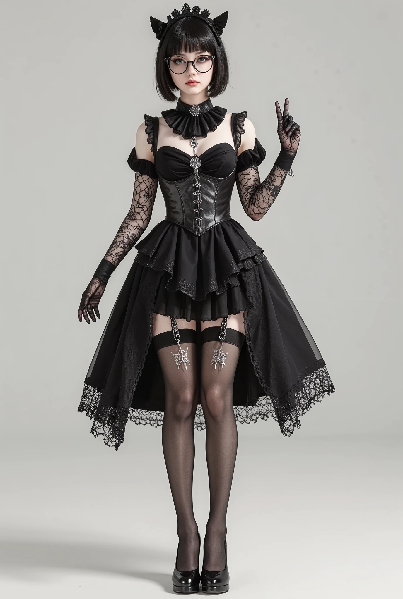3D Render, 3D Model, of a beautiful skinny girl, short hair, gothic maid outfit, lace gloves, stockings, black heels, large round black rimmed glasses