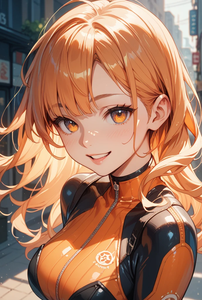 1girl,solo,super detailed skin,shiny skin,wet oily skin ,expressionless,,orange hair,blunt bangs,hair rings,deep detailed eyes,eyelashes,lips gloss ,large breasts,asymmetry body suit,Shinobi clothes,crossed arms,night city ,rooftop,masterpiece,best quality,ultra detailed,high resolution,sharp focus