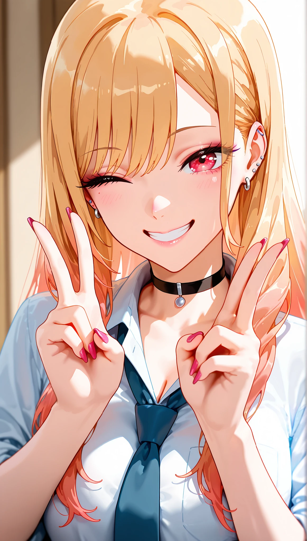 score_9, score_8_up, score_7_up, intricate details,
1girl, kitagawa marin, sono bisque doll wa koi wo suru, blonde hair, long hair, slight wavy hair, red eyes, ear piercing, barbell piercing, black choker, collared shirt, white shirt, earrings, blue necktie, wink, grin, double V gesture