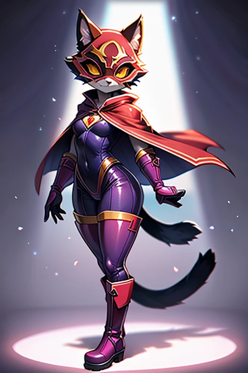 anthropomorphic black cat, wearing red super hero suit,red mask with purple gloves, purple boots and purple cape