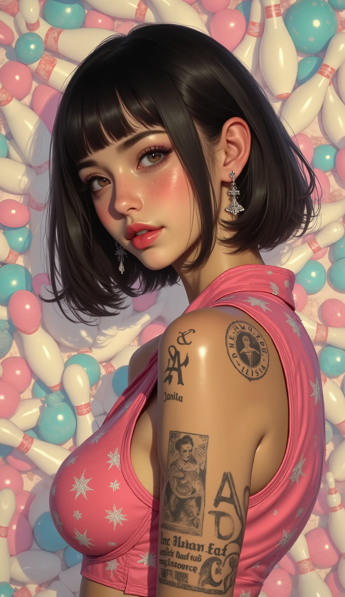 Famous Paintings、 top quality、woman、Freckles、 princess cut、Trimmed bangs、 black hair、 shorthair 、I can see my teeth being straightened with a smile、 profile、 upper body、Female professional bowling player 、 Big Bust 、 facing the front、 pastel bowling pin collage background、front、solo、