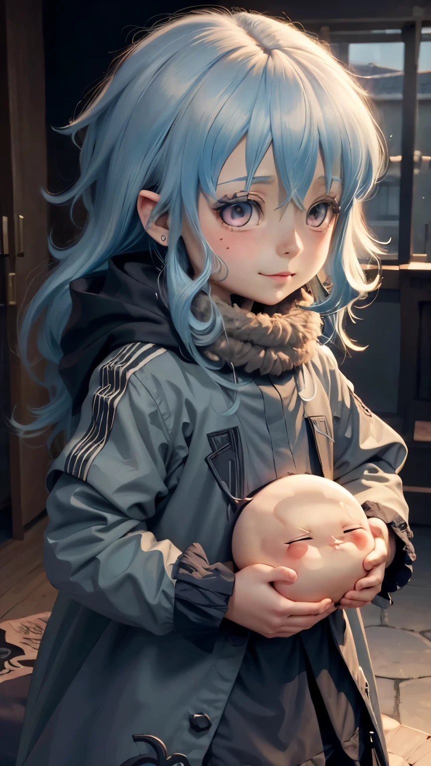 rimuru tempest, chibi, extremely detailed face, beautiful detailed eyes, beautiful detailed nose, beautiful detailed lips, long eyelashes, round chubby face, rosy cheeks, smiling expression, intricate details, soft pastel colors, warm lighting, 8k, high quality, anime style, cute,