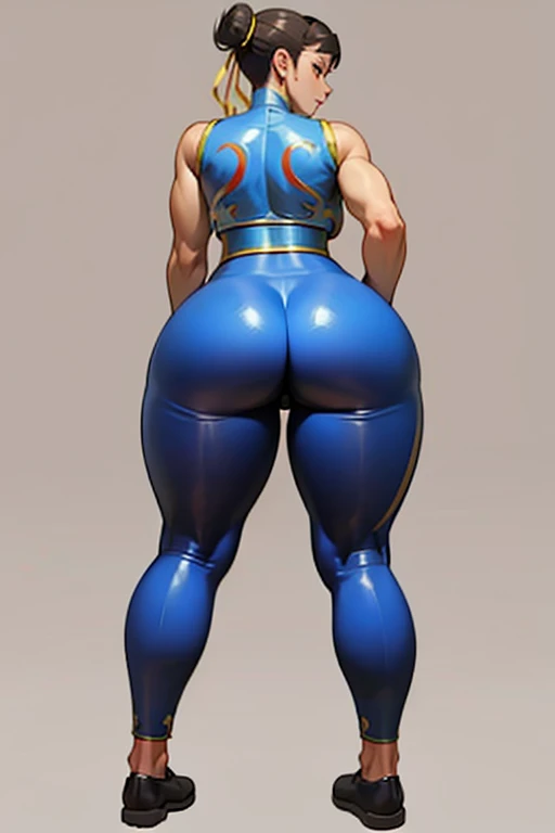 ((masterpiece)),(((best quality))),((character design sheet)), Drawing of street fighter Chun Li, large Breasts, Thick Thighs, Super Wide Hips, Huge Ass, Perfect Body, Ultra Detailed Face, Brown Hair, Blue Legging Pants, Stuck Hair, Two Buns in Hair.