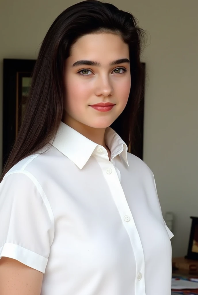 a photo-realistic portrait of a beautiful Palestinian woman with long brown hair, blue shirt, white teeth, and a cute smile, with highly detailed and realistic facial features, modest expression, and realistic white skin tone