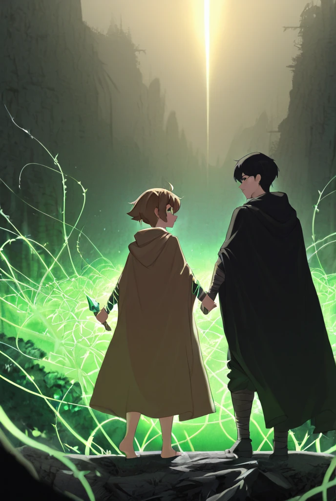 An anime-style illustration set in a breathtaking post-apocalyptic world on the brink of renewal. In the foreground, Kian and Lira stand back-to-back on a grassy hill, symbolizing their connection and shared sacrifice for the world.
Kian, standing tall, has his dark brown hair slightly messy and a worn battle cloak fluttering in the wind. His golden eyes glow faintly as he gazes forward with determination, holding a shard of the Evolution Core in his hand. The shard emits a soft green and golden light, casting a radiant glow on his scarred yet resolute face.
Behind him, Lira stands gracefully, her long black hair with green-tinted tips flowing in the wind. Her form is semi-translucent, blending into the scenery, symbolizing her sacrifice and eternal connection to the world. Her emerald eyes look over her shoulder, filled with quiet strength and serenity. Green, glowing vines wrap around her arms and feet, extending into the earth and connecting her to the massive tree in the distance.
