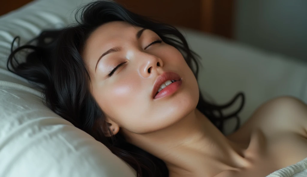 A beautiful 50-year-old big breasted woman with a rapturous expression, eyes closed. wearing a snug-fitting white see-through bikini panty with a plunging neckline. . Lying on the bed face up. a look of orgasm. Japanese. whole body