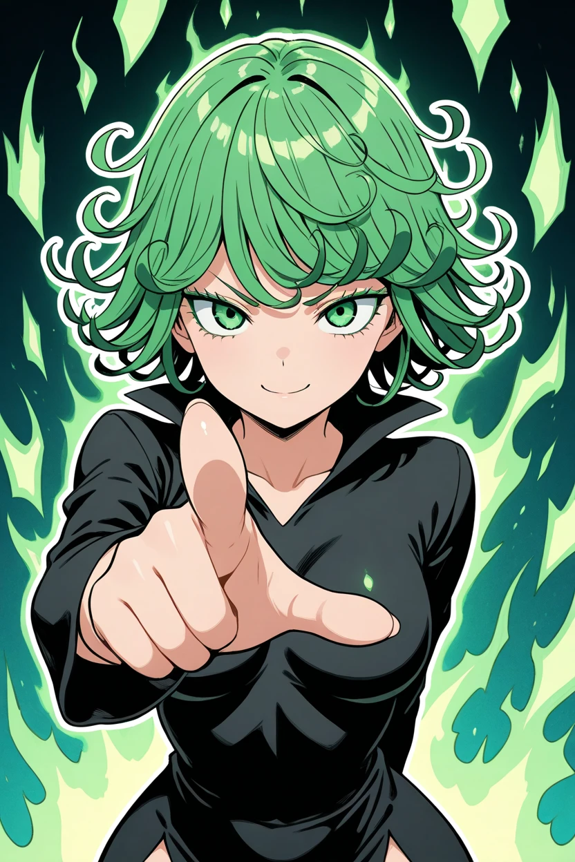 masterpiece,  top quality, 32K,  high resolution,  absurd,  medium breasts , (Curvy),  cute,  eyelash ,   Shiny Skin,  bright color,    break,  zz tatsumaki,  green eyes,  green hair, black dress, Shine, green glow, aura,  energy, smile,  conceited ,  Pointing at Viewers , Forsioning ,  aura,     abstract background ,  white outline, Cross-legged