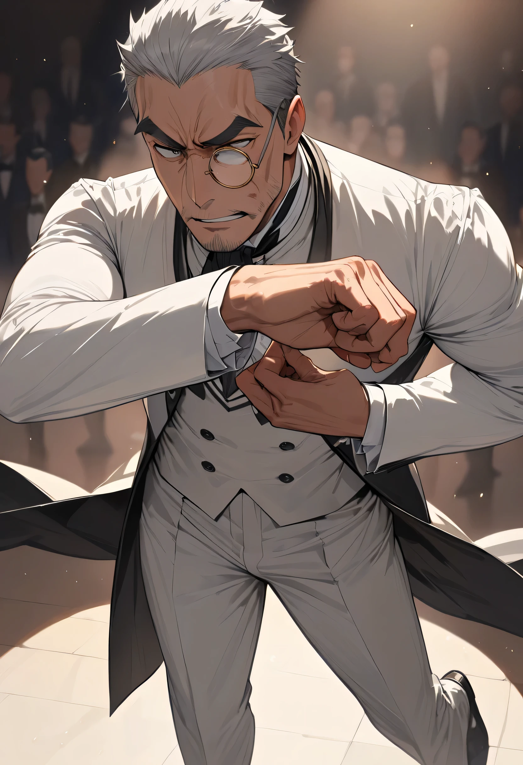 Mature age, adult man, Very Handsome Male Anime Character, Thick eyebrows, gray Eyes, parted lips, frowning face, Focus on men, Various facial details, very detailed, dynamic poses, Eyes details, high resolution, correct anatomy, (solo), masterpiece, (16K), HD, high quality,  elegant demeanor, Cold expression, serious, (white Butler's monocle), (white butler's uniform:1.5), black butler's hairstyle, fullbody picture, on opera stage, In the spotlight, Standing upright with a perfectly straight and proper posture, Open background, Stage entrance posture, 1boy, solo