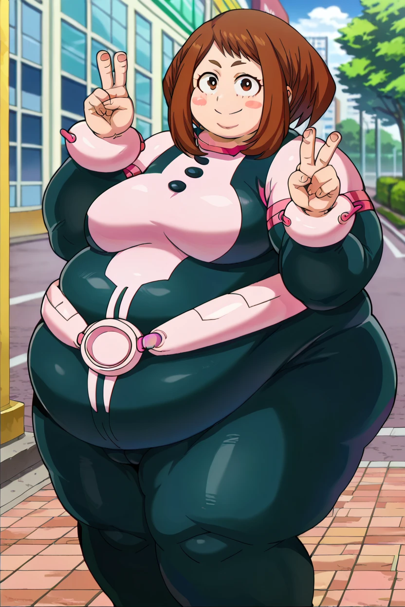 score_9, score_8_up, score_7_up, score_6_up, score_5_up,score_4_up BREAK official style,anime screencap, uraraka ochako, 1girl, brown hair,brown eyes, solo, superhero, hero bodysuit,pink belt, pink wrist guards, closed mouth, contrapposto, medium breasts,arm behind back, peace sign,smile, blush stickers,looking at viewer, city, sidewalk, tree, head tilt,(from side:0.8),   fat, chubby, obese, gigantic arms and legs, blush