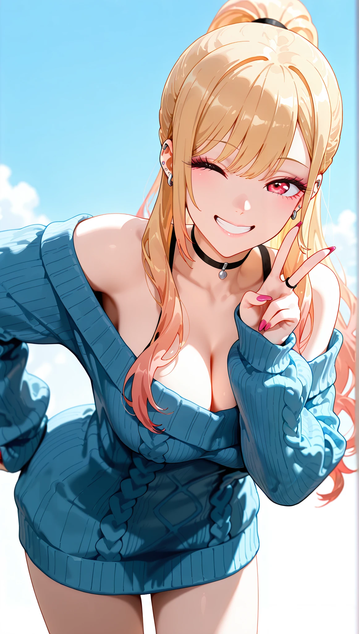 score_9, score_8_up, score_7_up, intricate details,
1girl, kitagawa marin, sono bisque doll wa koi wo suru, blonde hair, long hair, ponytail, slight wavy hair, red eyes, ear piercing, barbell piercing, black choker, oversized knit sweater, off-shoulder, wink, grin, V, cowboy shot, leaning forward 