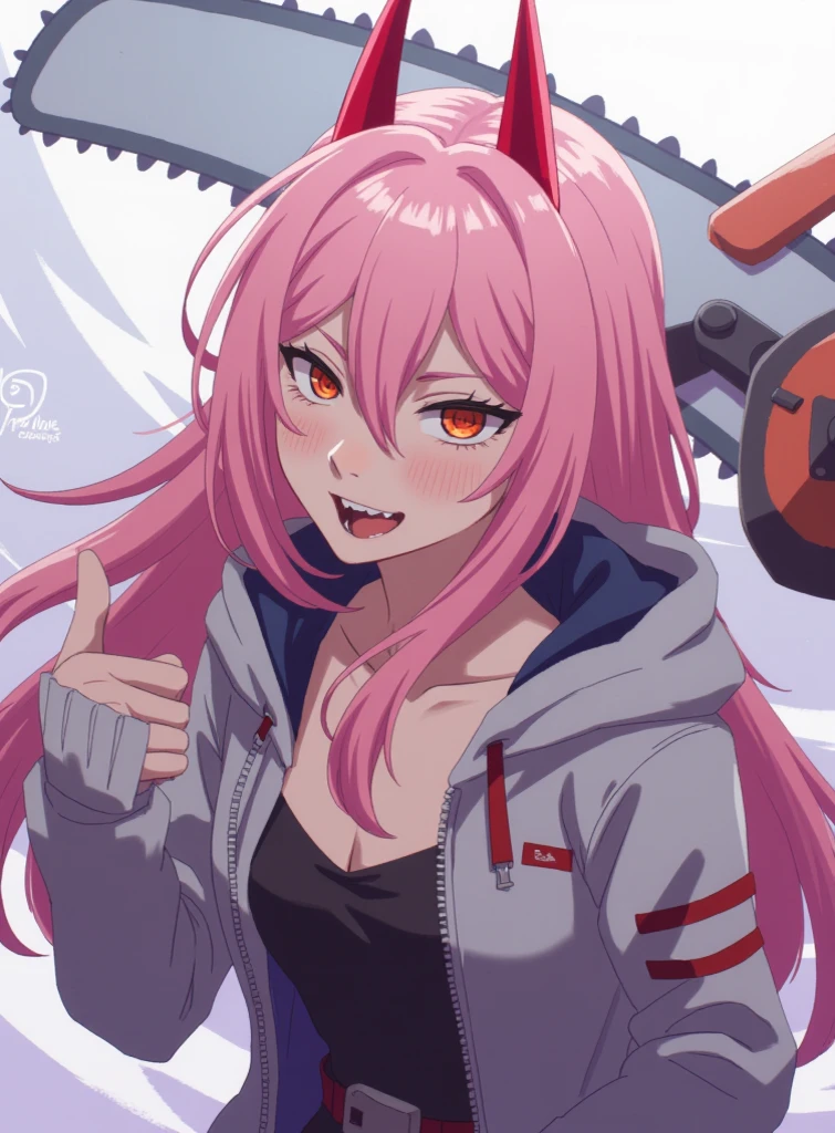 character art of power, power long pink hair girl with two red horns, power giving thumbs up, facial expressions, loish art style, loish art, power chainsaw man