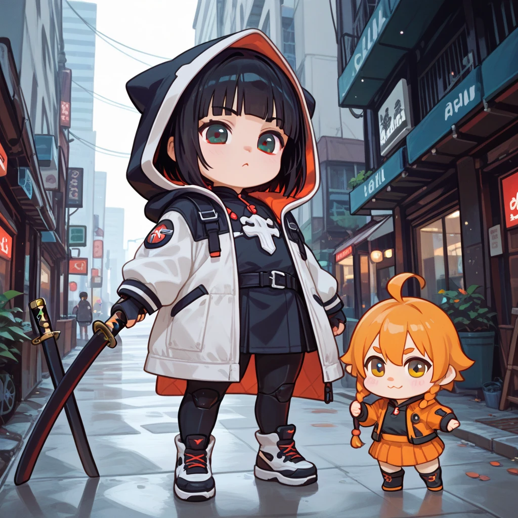 "A young boy with bright black hair , hime cut , bright skin, and the soft expression , wearing future clothing. Macha hood . The boy standing .  The background is plain black , holding a katana ,  gives full focus to the character of the boy ,cute chibi."