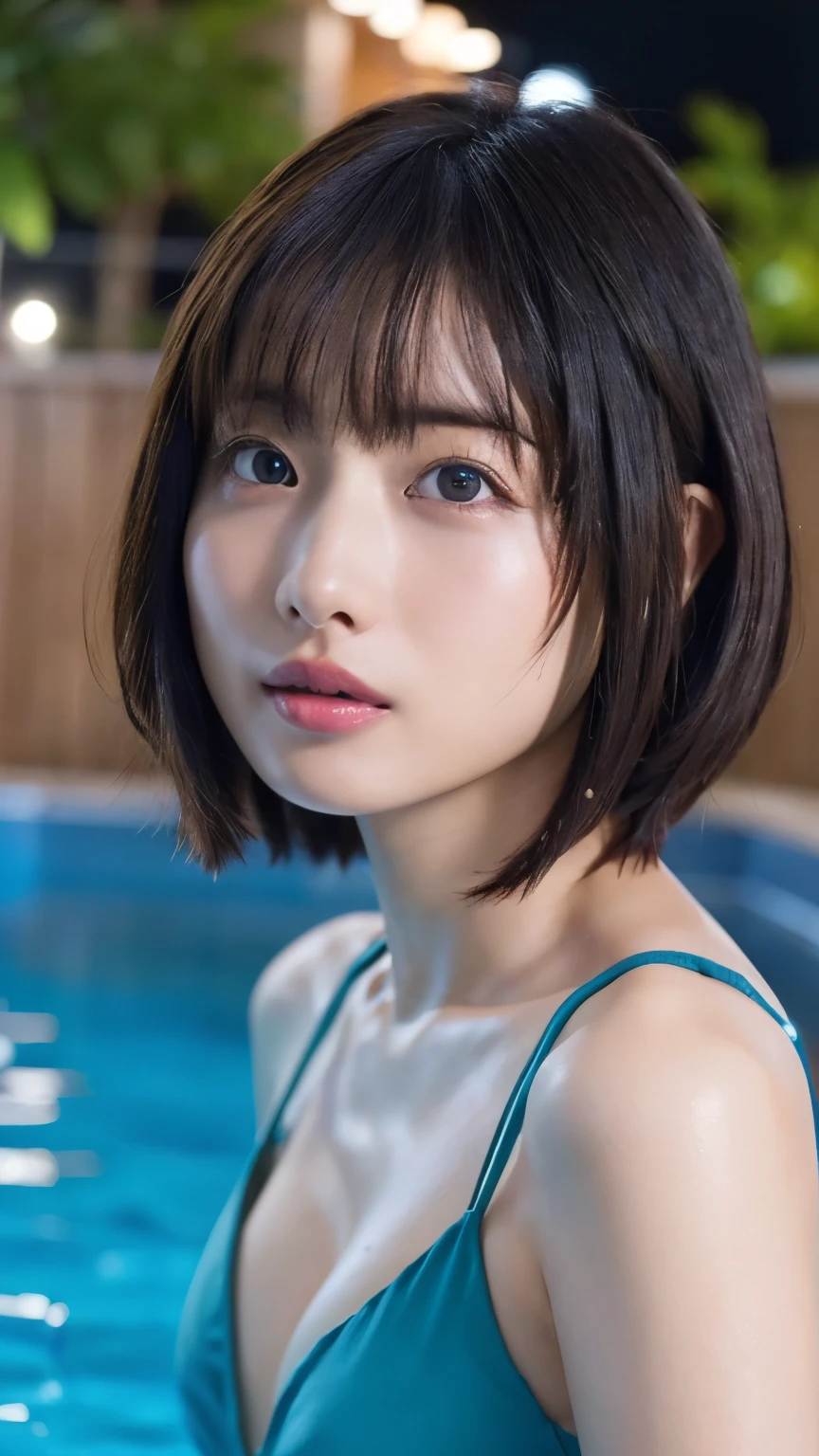 Japanese beautiful girl、Semi-short hair、Black Hair、Looks 16 years old、Half-open lips、Clear eyes、Plump cheeks、Plump lips、Innocent expression、Tank top、field、Half-open mouth、Dark Skin、Detailed skin texture、Photorealistic images、Photographic quality、Yayoi、Cleavage、Summer Beautiful Girl、Forward bending pose、Looking up、Splash、Summer Beautiful Girl