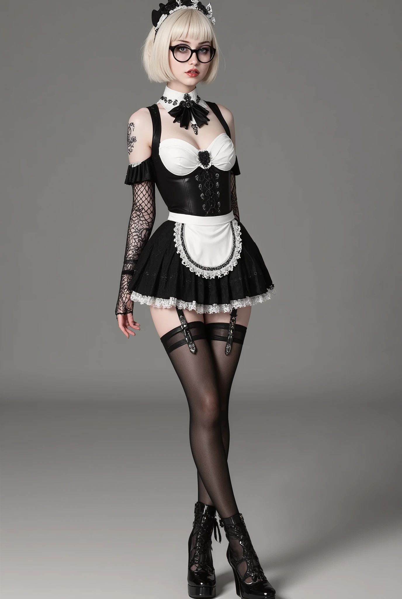 3D Render, 3D Model, of a beautiful skinny girl, short hair, gothic maid outfit, lace gloves, stockings, black heels, large round black rimmed glasses
