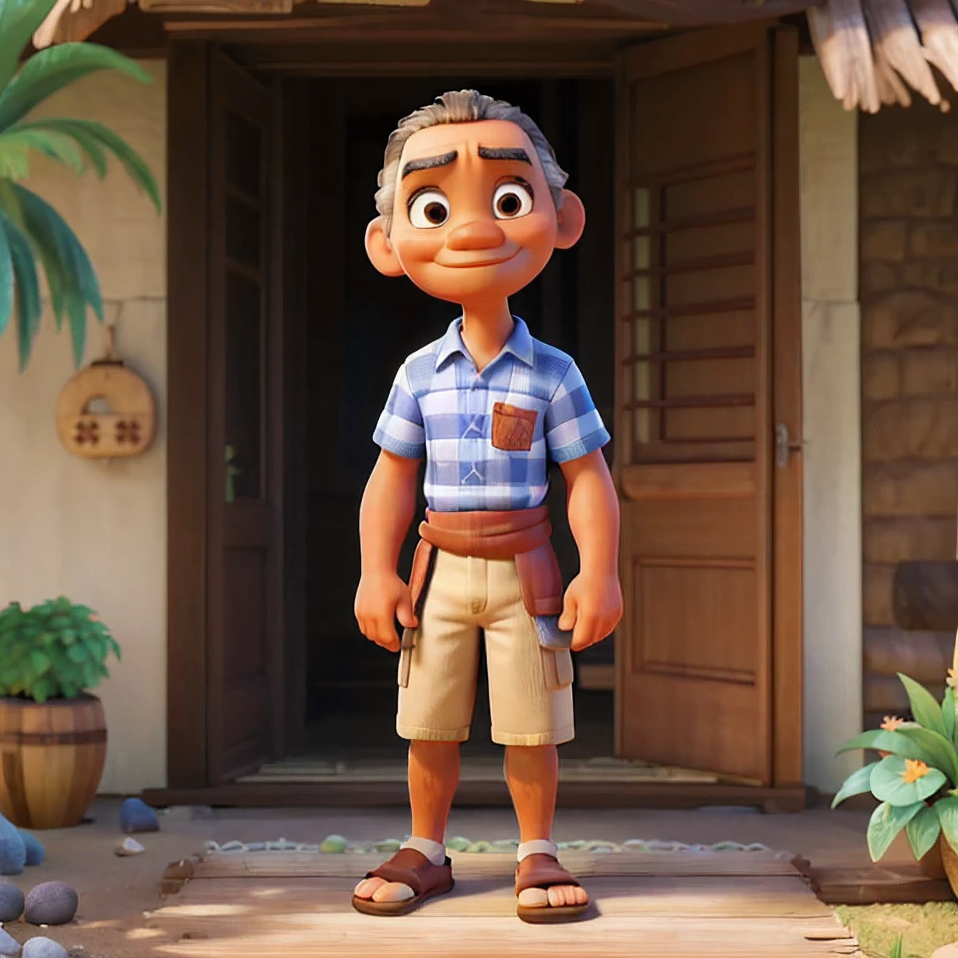 old Samoan grandpa(brown skin), cute face, soft smile, peaceful look in eyes, waving from entrance to beach house, blue button up shirt with tropical flowers on the shirt, white shirt underneath, tan shorts, brown sandals, white short hair, (UP movie style) 