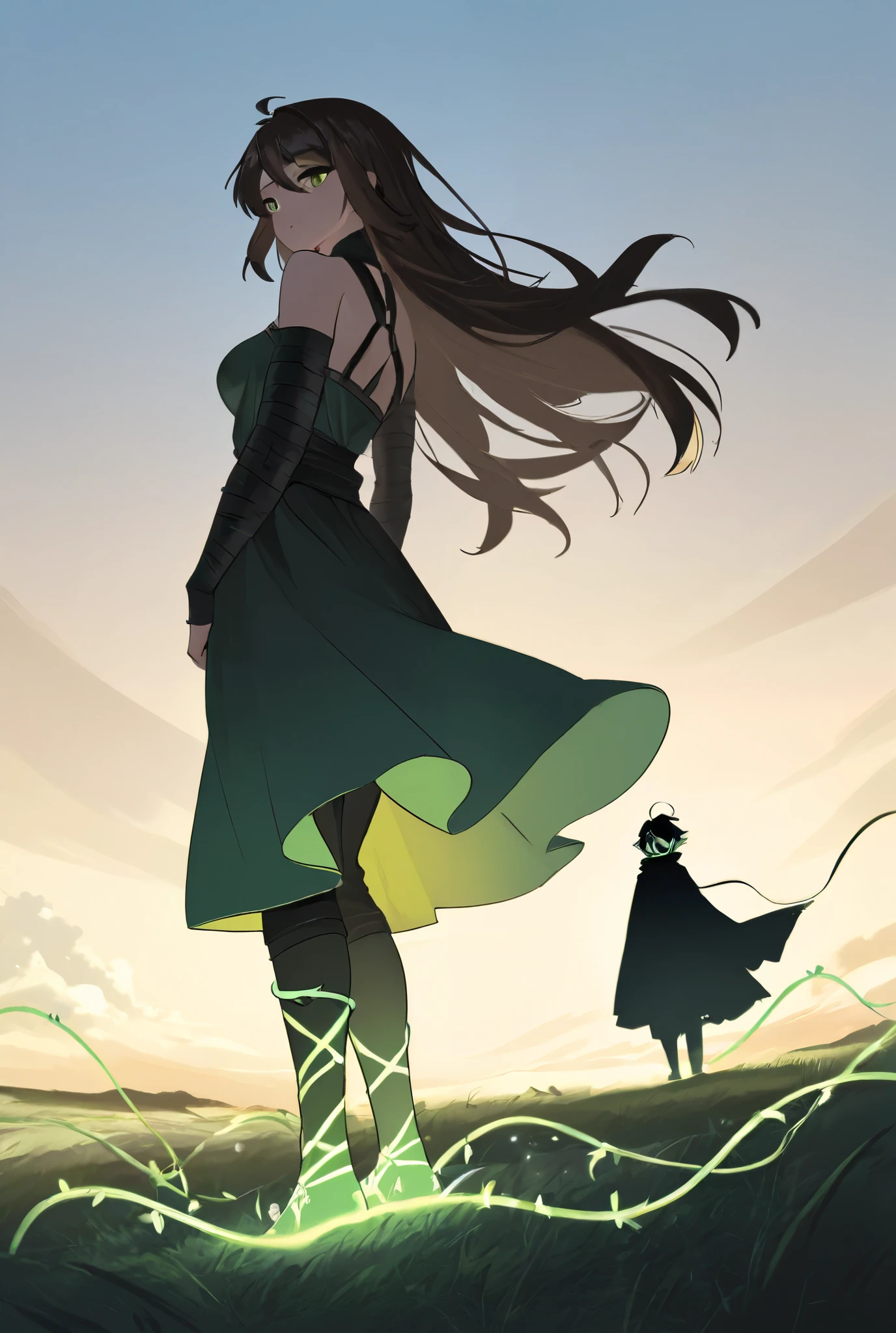 An anime-style illustration set in a breathtaking post-apocalyptic world on the brink of renewal. In the foreground, Kian and Lira stand back-to-back on a grassy hill, symbolizing their connection and shared sacrifice for the world.
Kian, standing tall, has his dark brown hair slightly messy and a worn battle cloak fluttering in the wind. His golden eyes glow faintly as he gazes forward with determination, holding a shard of the Evolution Core in his hand. The shard emits a soft green and golden light, casting a radiant glow on his scarred yet resolute face.
Behind him, Lira stands gracefully, her long black hair with green-tinted tips flowing in the wind. Her form is semi-translucent, blending into the scenery, symbolizing her sacrifice and eternal connection to the world. Her emerald eyes look over her shoulder, filled with quiet strength and serenity. Green, glowing vines wrap around her arms and feet, extending into the earth and connecting her to the massive tree in the distance.
