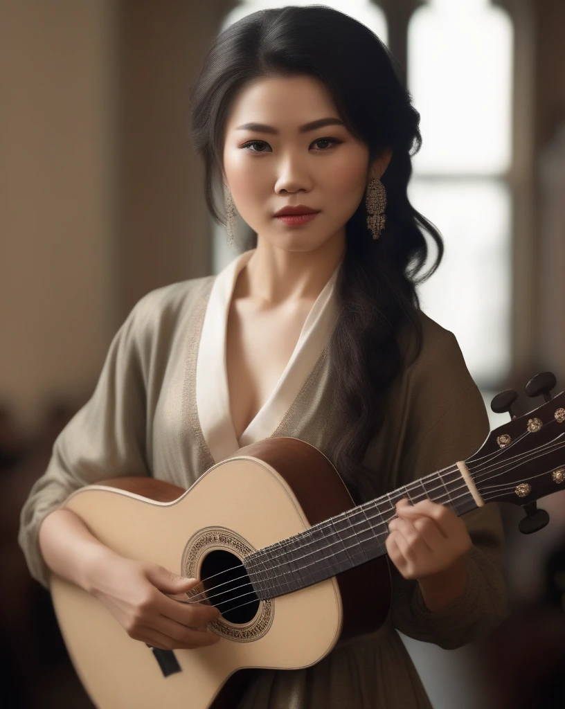 Cinemagraphs, (Asian woman:1.0),On a grand, bustling mead hall, wearing modern clothes (photorealistic:1.35) shares her heroic tales. Her face, highlighted with (dramatic, attention-grabbing makeup:1.2), captures the listeners' attention. She wields a ukelele, her song echoing through the hall, stirring the hearts of the listeners. The lively mead hall, the enraptured listeners, and the Skald's passionate performance embody the inspirational aura of her class,  