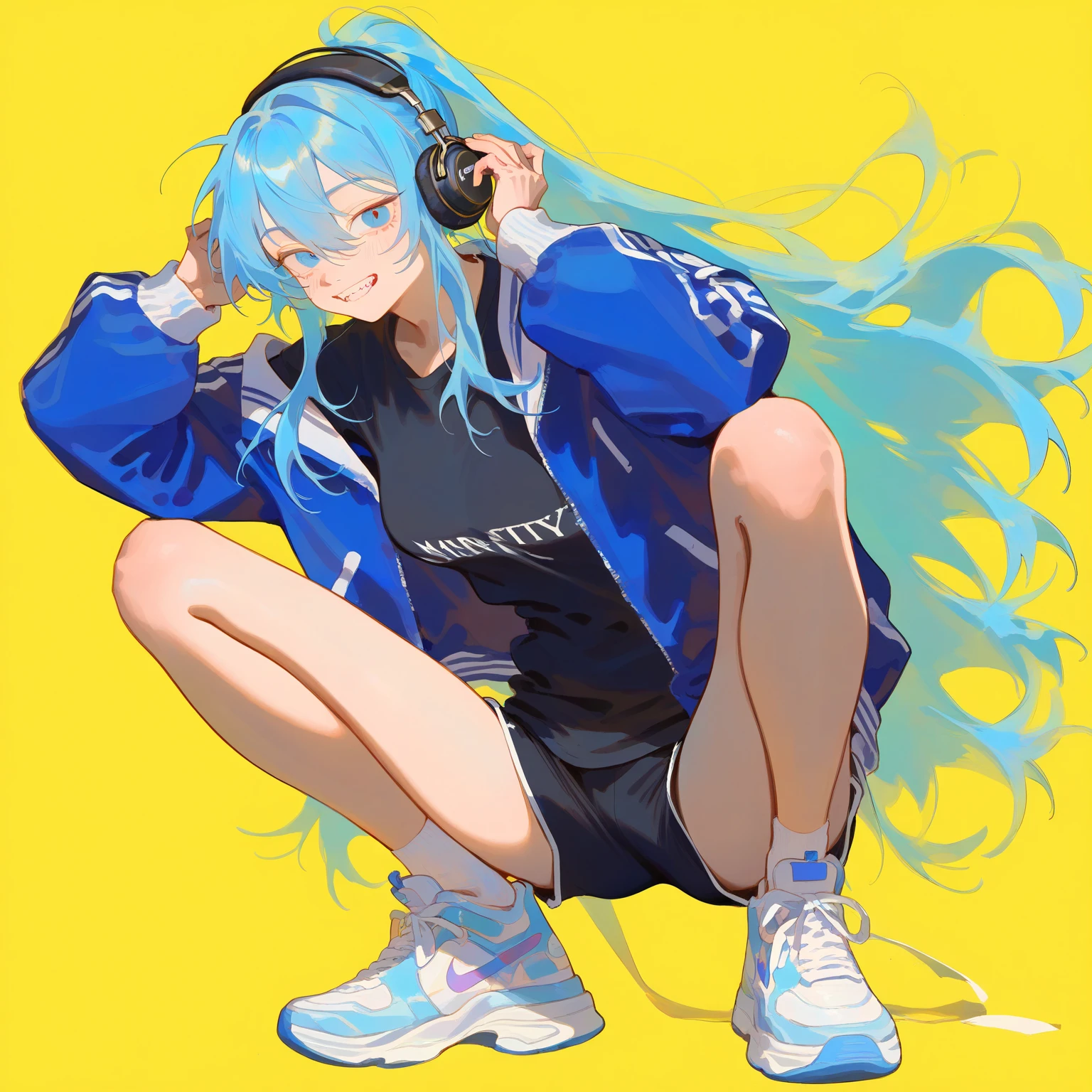  amazing quality, Latest,   absurd,   Realistic Lighting  ,    one girl 、solo、 blue hair、 long hair、 headphones、Sharp Eye、 blue eyes、 black shirt 、 blue jacket、 black shorts、 、 sneakers、 cute、  viewers,  Yellow background,  