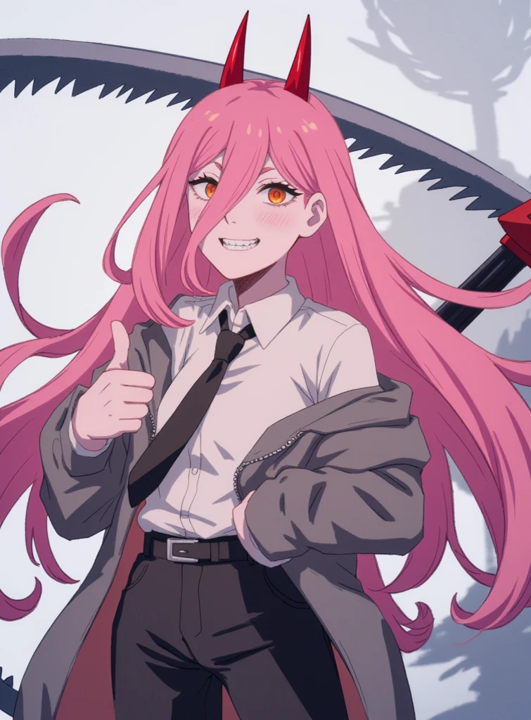 character art of power, power long pink hair girl with two red horns, power giving thumbs up, facial expressions, loish art style, loish art, power chainsaw man