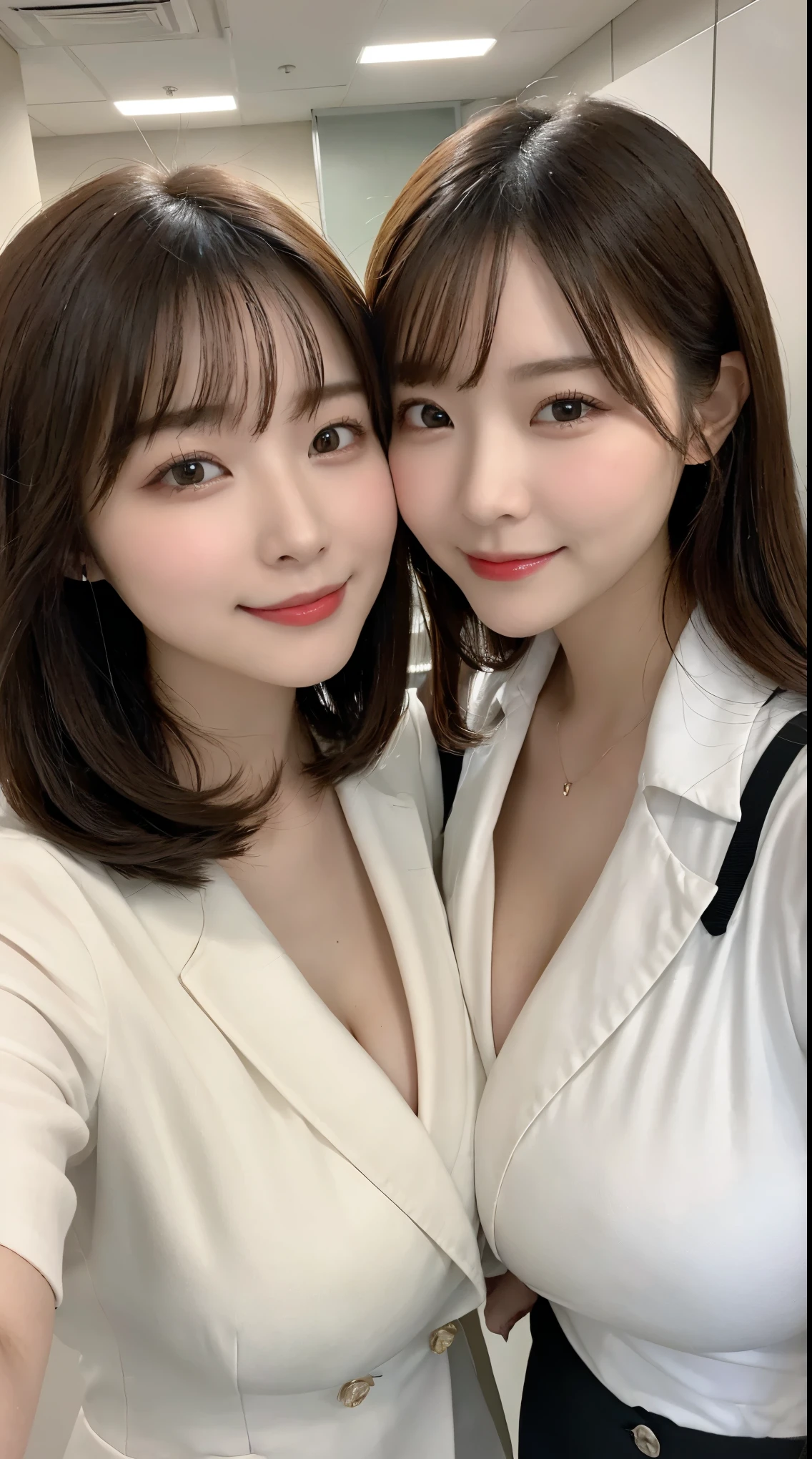 (Two office ladies who are good friends:1.2),  top quality,   very detailed, finely,  high resolution, 8k wallpaper,  perfect dynamic configuration with Stratocaster, finelyて美しい目,   natural lips, (Big Breasted :1.4),  clevis on a stone, smile