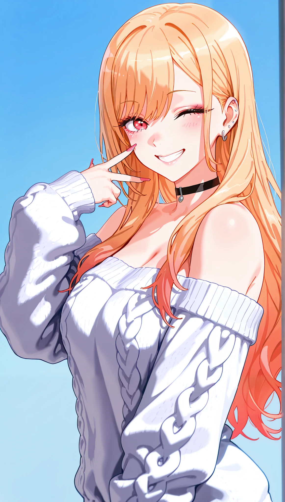 score_9, score_8_up, score_7_up, intricate details,
1girl, kitagawa marin, sono bisque doll wa koi wo suru, blonde hair, long hair, slight wavy hair, red eyes, ear piercing, barbell piercing, black choker, oversized knit sweater, off-shoulder, wink, grin, V