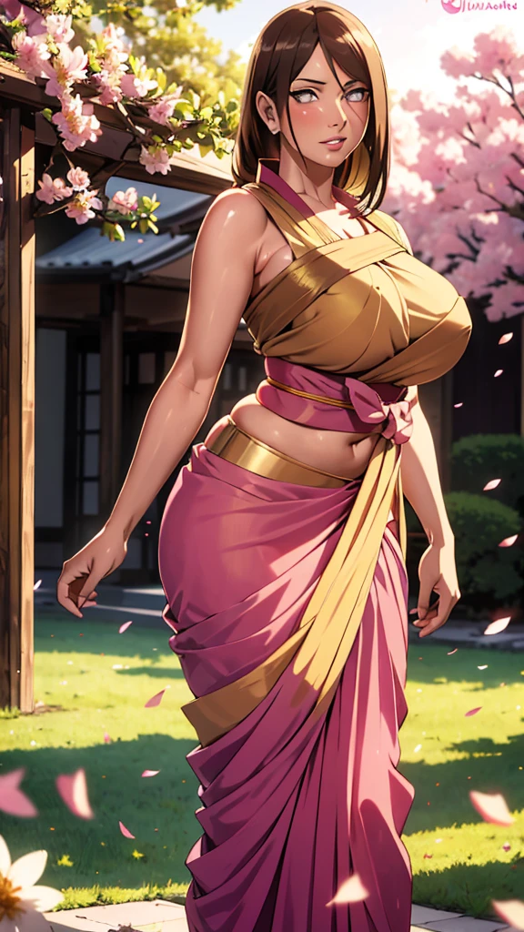 masterpiece, absurdres, hyuuga hanabi\(naruto\), 1girl, solo,mature female, wearing indian saree, saree has blouse sleeveless,green saree, golden Pink and pink pallu, looking at viewelling petals), perfect composition, detailed lips, big breast, gigantic hips, beautiful face, body proportion, blush, (pink lips), blonde hair, long open hair, purple-eyed, soft gaze, super realistic, detailed, photoshoot, realistic face and body, full body picture, standing in the middle of a flower garden