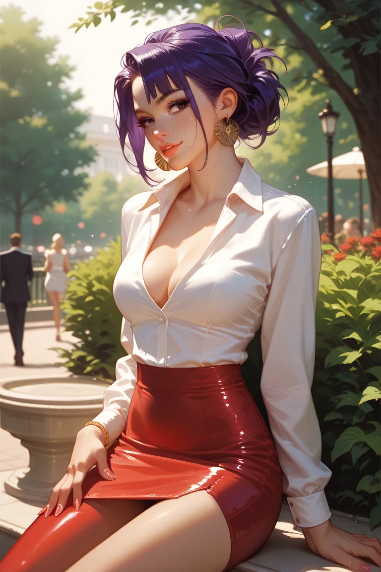 (masterpiece), (extremely intricate:1.3), (realistic), portrait of a girl, (huge and perfect breasts), heaving bosom, toned build, slim, the most beautiful in the world, dark eyebrows, purple hair, (tight ponytail), almond eyes, blushing slightly, (blouse and skirt:1.3 ), (perfect makeup), (elf ears), pale skin, detailed textures, confident glance, seductive, upper body, modern office building, green decor, soft lighting, professional photograph of a stunning woman detailed, looking at the camera, detailed eyes, sharp focus, dramatic, award winning, cinematic lighting, octane render  unreal engine,  volumetrics dtx, (film grain, blurry background, blurry foreground, bokeh, depth of field, motion blur:1.3)