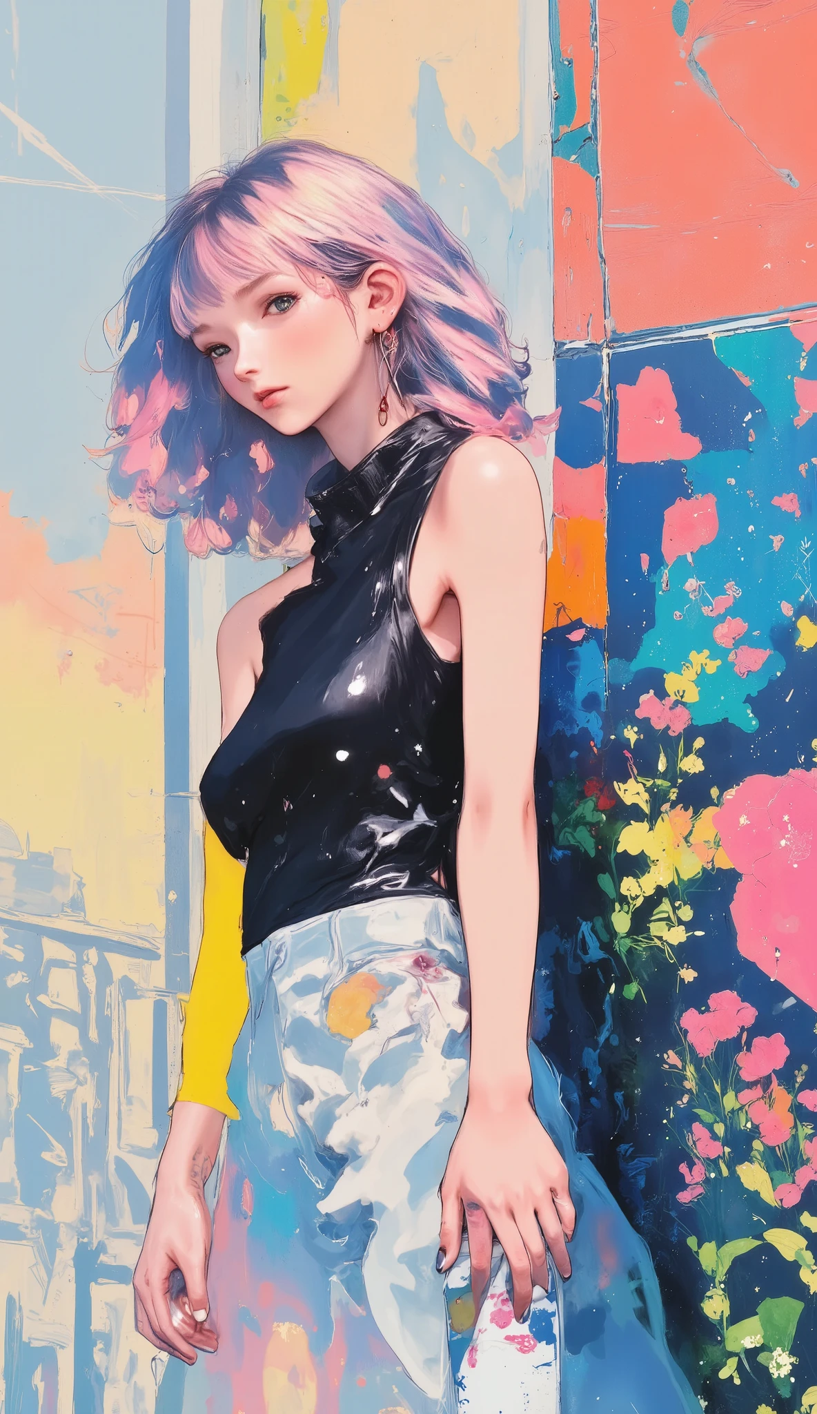 ((long shot,  full body: 1.6)), Cyan:1.4, brown:1.2, purple:1.2, yellow:1.4, magenta:1.6, (( Rapper girl with scary hair, eyes and body very detailed)), ((beautiful loose clothing,  long pants :1.6), tatuajes, (walls with graffiti: 1.2), flower, leaves, born in the mist, , leaning against the wall with a spray paint in his hand,  action pose, 32k.