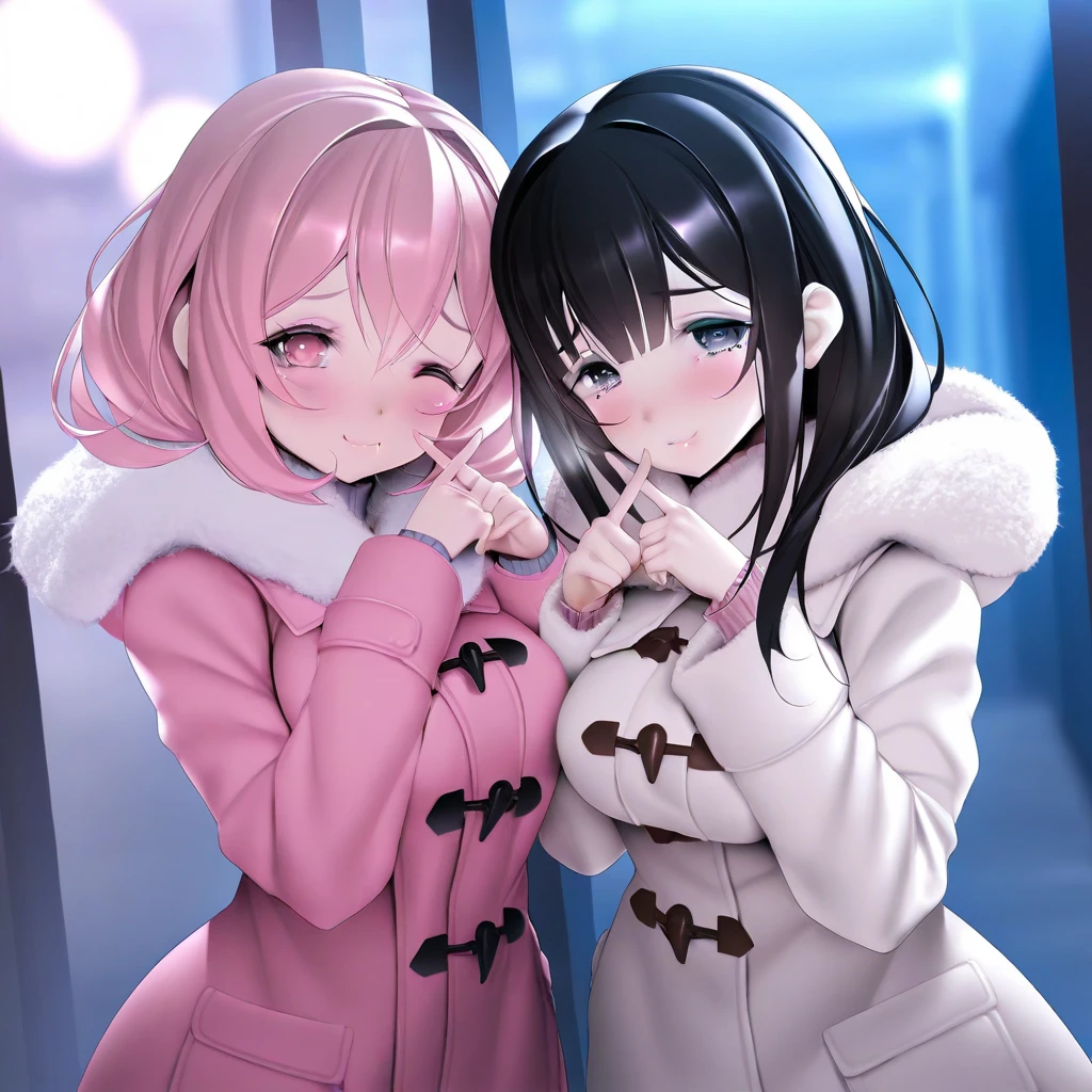 kaede (sayappa); pefect hands; holding hands; 2 girls; standing; winter clothes; medium breasts;blushes; looks at viewer; shy smile; smile; v fingers; evening street;