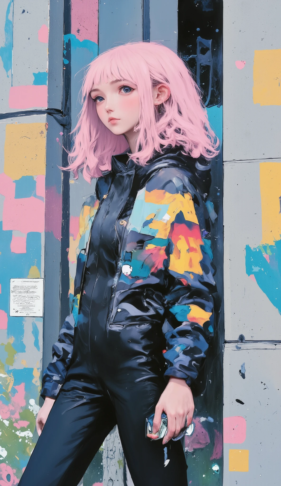 ((long shot,  full body: 1.6)), Cyan:1.4, brown:1.2, purple:1.2, yellow:1.4, magenta:1.6, (( Rapper girl with scary hair, eyes and body very detailed)), ((beautiful loose clothing,  long pants :1.6), tatuajes, (walls with graffiti: 1.2), flower, leaves, born in the mist, , leaning against the wall with a spray paint in his hand,  action pose, 32k.
