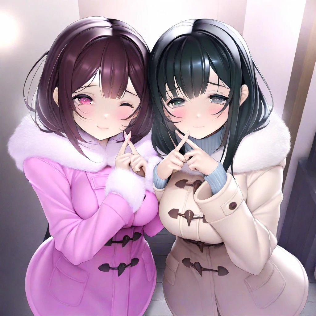 kaede (sayappa); pefect hands; holding hands; 2 girls; standing; winter clothes; medium breasts;blushes; looks at viewer; shy smile; smile; v fingers; evening street;