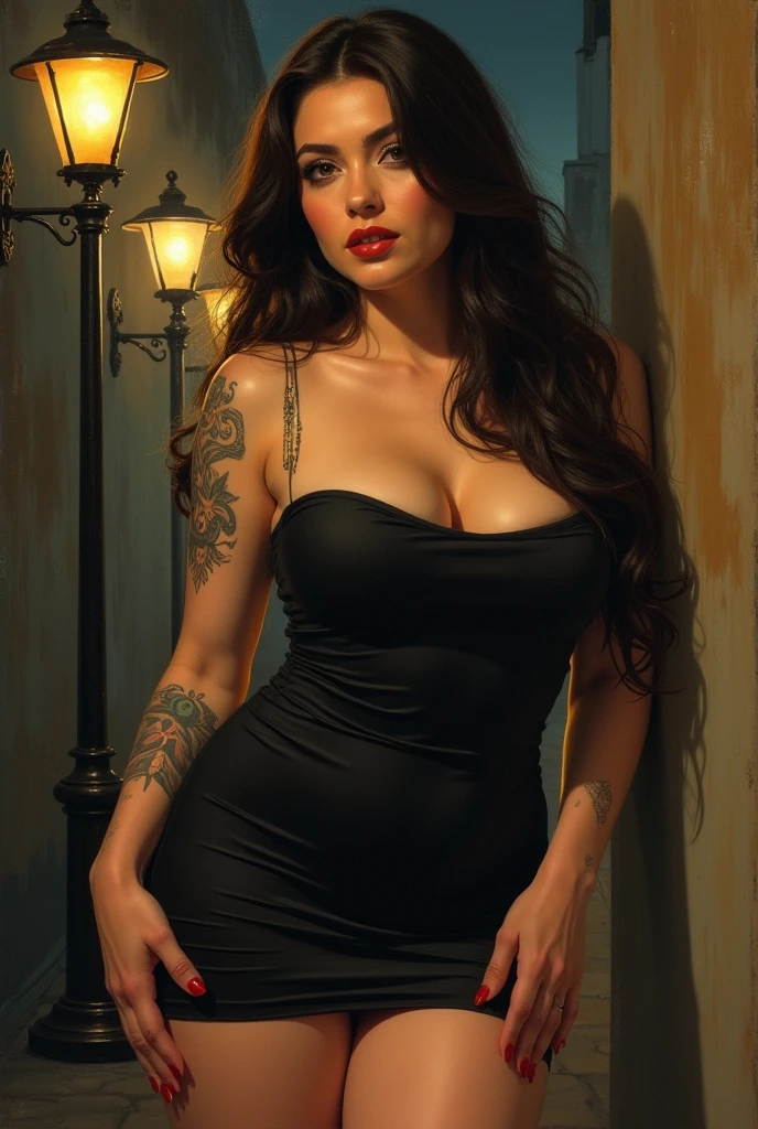 A breathtaking Gothic woman displays her singular beauty. Ela veste um deslumbrante mini vestido preto, enhancing its curves and conveying an aura of mystery and elegance. Seu cabelo comprido, liso e preto cai sobre seus ombros, adding a touch of sensuality to your appearance. Carefully designed tattoos adorn her pale skin, telling stories of his personal journey and enriching his artistic expression. Com seios grandes que destacam sua feminilidade, She embodies the perfect combination of power and delicacy. His deep, magnetic gaze mesmerizes everyone who is lucky enough to cross his path, revelando a verdadeira beleza que existe em seu ser --auto