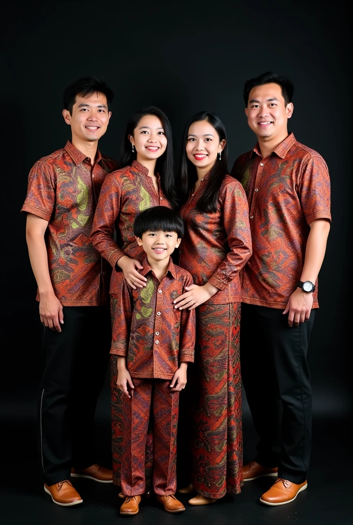 A 28 year old father wearing a Javanese Muslim batik shirt and a 25 year old mother wearing a Javanese Muslim batik shirt are taking a family photo with their 2 year old daughter wearing a Javanese Muslim batik shirt taking a family photo facing forward close-up