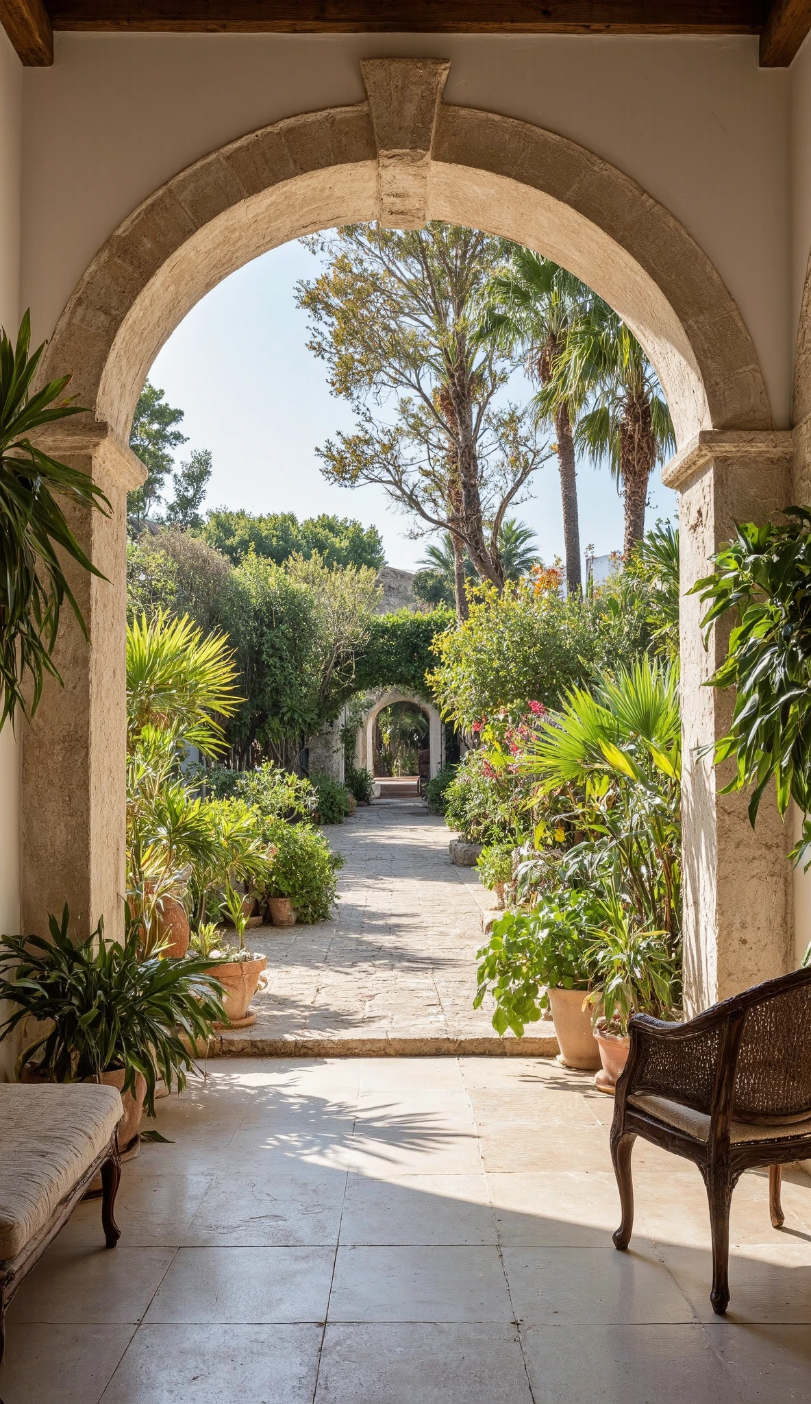 photo of a gorgeous sunlit indoor patio of a spanish finca, mallorca, tropical, palmtrees, summertime, soft natural beige and olive green colors