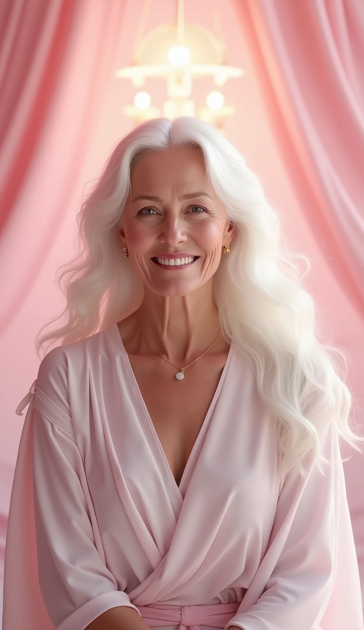 Realistic photo of woman with long white hair, from age to 45 years,wearing a dark blue and lilac long-sleeved flowing dress,wearing a cloth on her head covering her hair smiling with her eyes closed