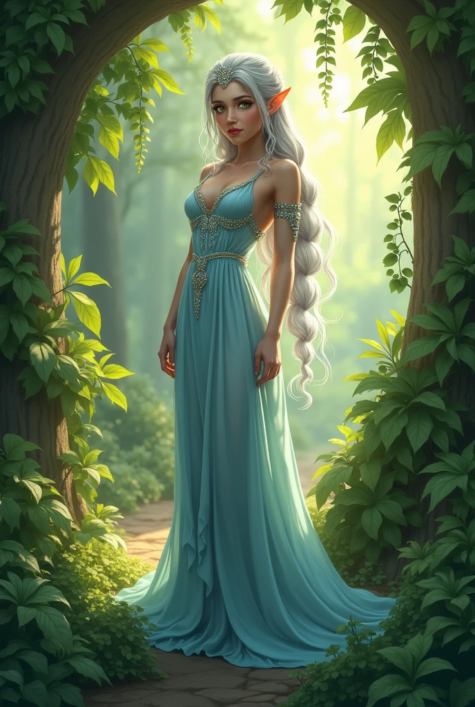 tiffaniawestwood, tiffania westwood,blue blonde hair, blue eyes, elf, long hair, pointy ears,
BREAK dress, green dress, halter dress, halterneck, sandals, thighhighs, toeless legwear, white thighhighs,
BREAK looking at viewer,
BREAK outdoors, forest,
BREAK (masterpiece:1.2), best quality, high resolution, unity 8k wallpaper, (illustration:0.8), (beautiful detailed eyes:1.6), extremely detailed face, perfect lighting, extremely detailed CG, (perfect hands, perfect anatomy),