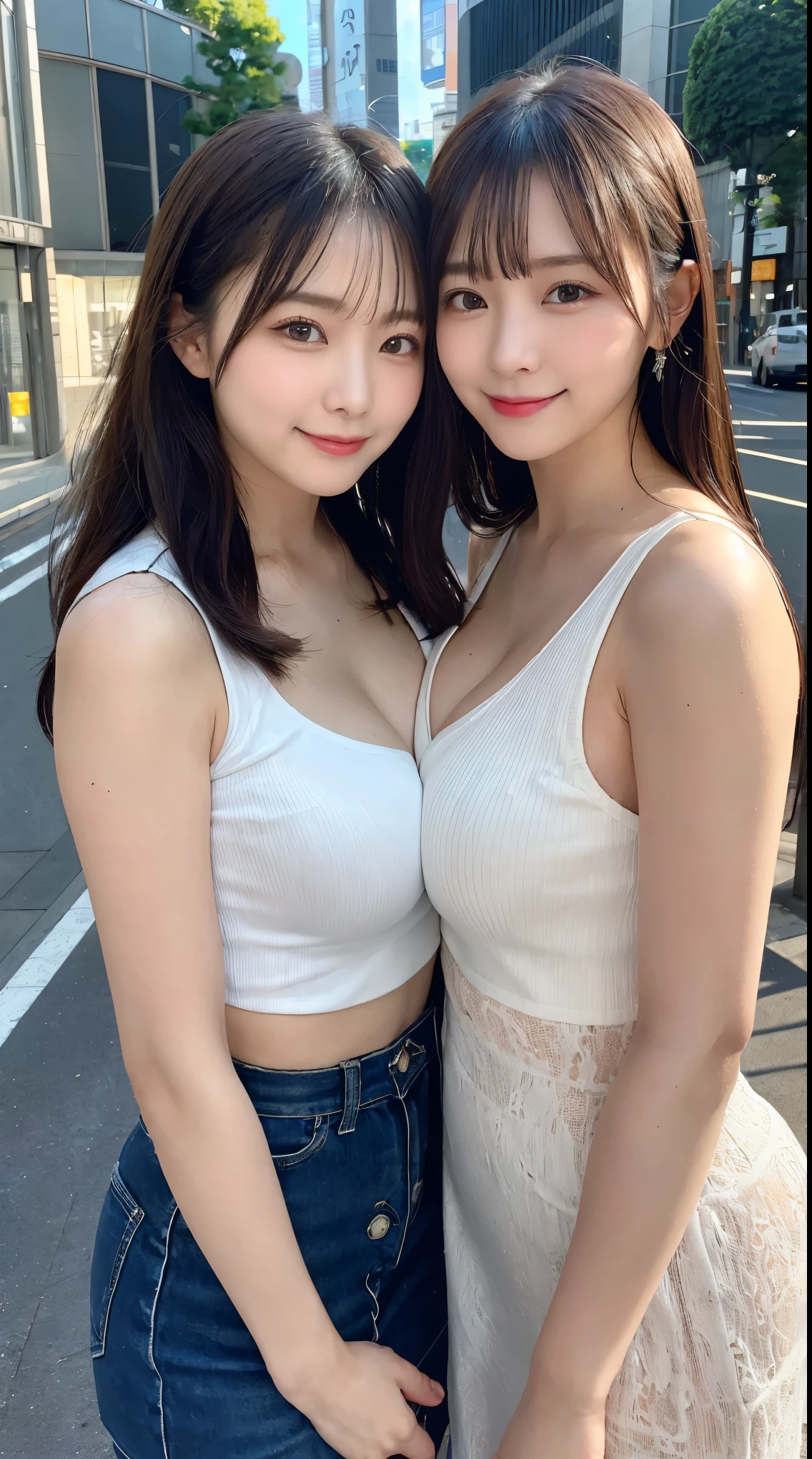 (Two Shibuya gals who are good friends:1.2),  top quality,   very detailed, finely,  high resolution, 8k wallpaper,  perfect dynamic configuration with Stratocaster, finelyて美しい目,   natural lips, (Big Breasted :1.4),  clevis on a stone, smile