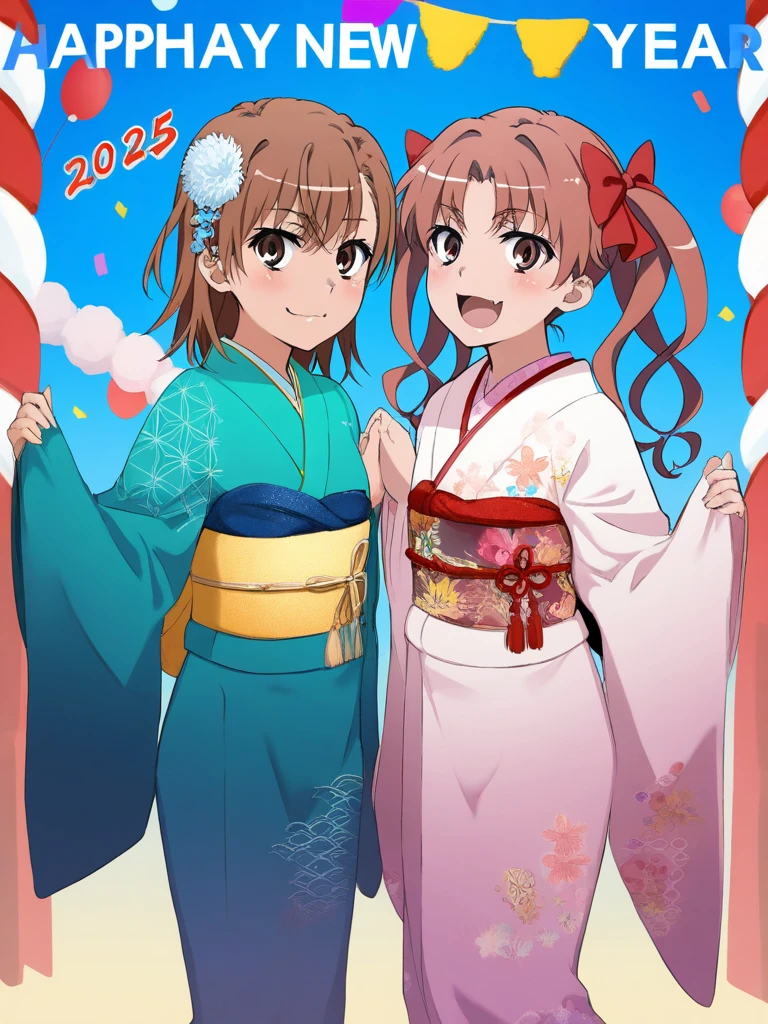 masterpiece, best quality, two girls, misaka mikoto, toaru kagaku no railgun, shirai kuroko, toaru kagaku no railgun, Furisode, party, party, new year party, new year party 2025, happy, a happy new year,