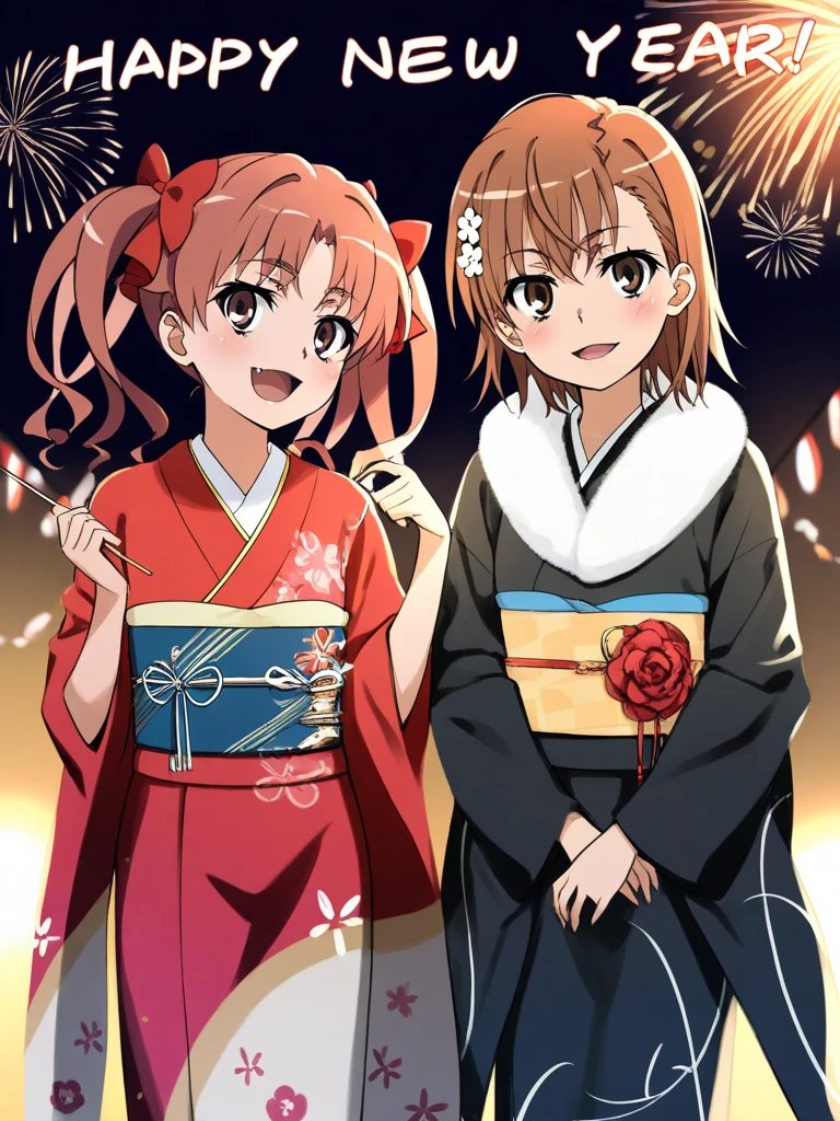 masterpiece, best quality, two girls, misaka mikoto, toaru kagaku no railgun, shirai kuroko, toaru kagaku no railgun, Furisode, party, party, new year party, new year party 2025, happy, a happy new year,