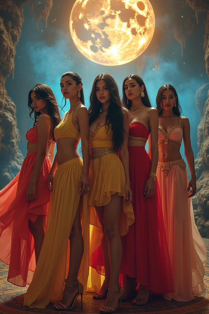 Kpop girl group with 4 members, in tropical setting, Fire Theme, extravagant fashion