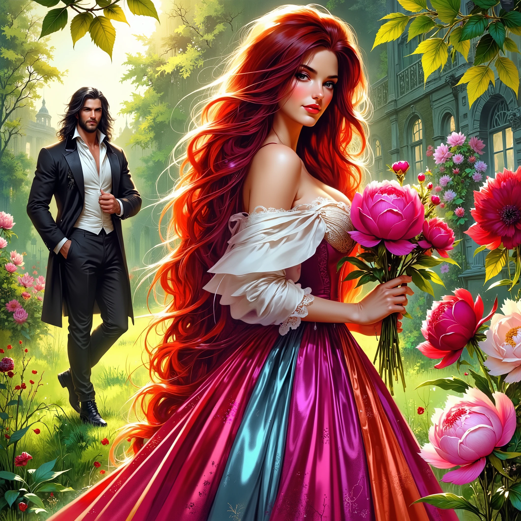  Glossing full-waist Full-body digital realistic illustration . A beautiful 18-year-old flirting woman in a contrasting bright colorful organza and satin satin dress with SHINY STRAIGHT red hair is standing on the grass, holding flowers in his hands.  A handsome massive BRUTAL SEXY man with long black hair looks at her, in a white shirt ,pants and boots , he holds flowers in his hand.  Victorian garden with peonies , england pemberly-manor-palace .  Sunlight illuminates every blade of grass ,leaf, flower. BRIGHT,textural, three-dimensional , bright rich complementary colors .  flowing hair .textural.  correct anatomy proportions .right hands .  Model beautiful faces . The overall color palette is creating a vivid and haunting visual experience. The illustration is rich in detail, with textures that mimic real fabric and stone, enhancing the realism of the scene.