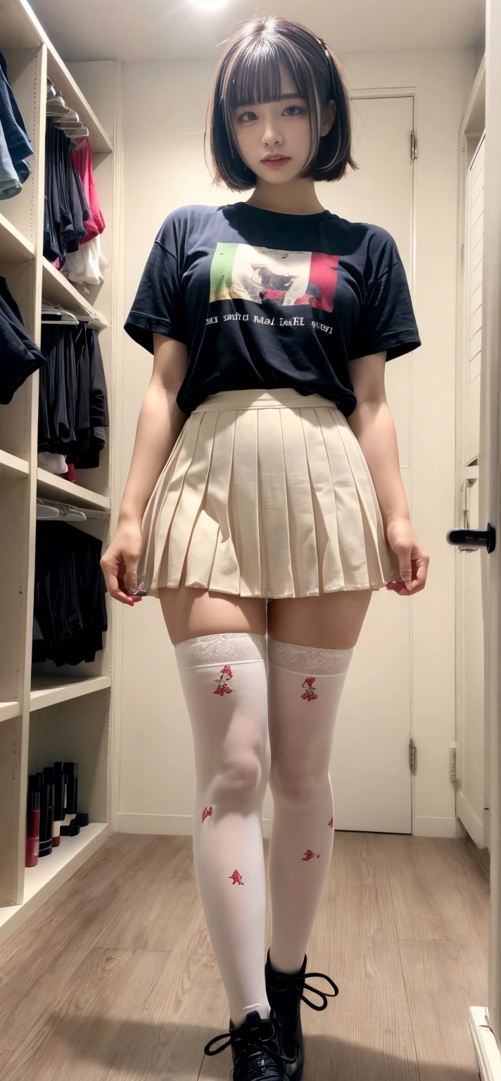((long shot、shot at low angle、Full body shot、high quality、masterpiece、super resolution、8In K))、(10 year old female model(Idol style super cute face:1.2))、(japanese beauty girl(make eyes clear:1.3)、(She has a super beautiful girl face and is super cute、A sloppy smile、Makeup is natural makeup、Looking at the camera)、、(Brown、Hair style is ponytail、Bangs are crisp)、(The breasts are beautiful、The buttocks are beautiful、Nude with a well-balanced slim body)、(女の子の頭から足までをlong shotで撮影)、((sailor suit, Short sleeve uniform white shirt, red ribbon), (Super mini pleated skirt), (see through panties:1.2), (view from below:1.3)), (cute pink room, pink lighting),