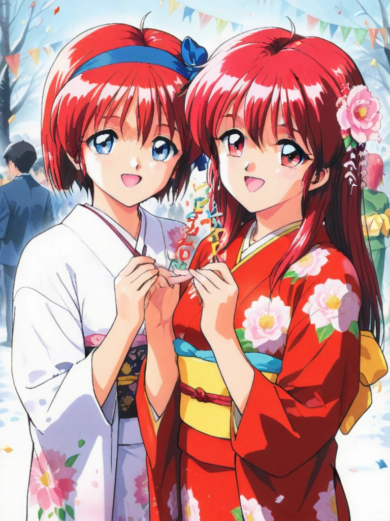 masterpiece, best quality, two girls, 
FujisakiShiori, long hair, red hair, red eyes, breasts, hairband, retro artstyle,
HinomotoHikari, short hair, red hair, blue eyes, breasts, retro artstyle,
Furisode, party, party, new year party, happy,