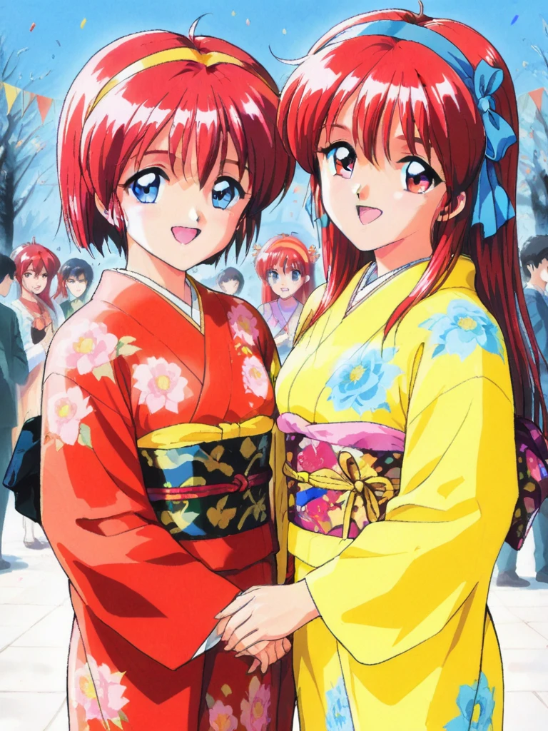 masterpiece, best quality, two girls, 
FujisakiShiori, long hair, red hair, red eyes, breasts, hairband, retro artstyle,
HinomotoHikari, short hair, red hair, blue eyes, breasts, retro artstyle,
Furisode, party, party, new year party, happy,