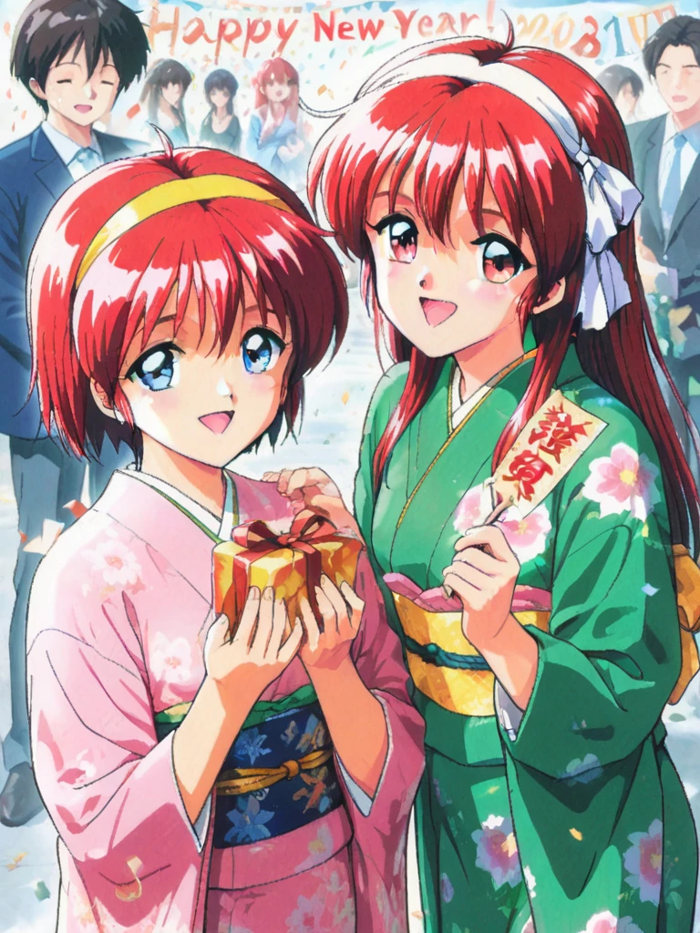 masterpiece, best quality, two girls, 
FujisakiShiori, long hair, red hair, red eyes, breasts, hairband, retro artstyle,
HinomotoHikari, short hair, red hair, blue eyes, breasts, retro artstyle,
Furisode, party, party, new year party, happy,