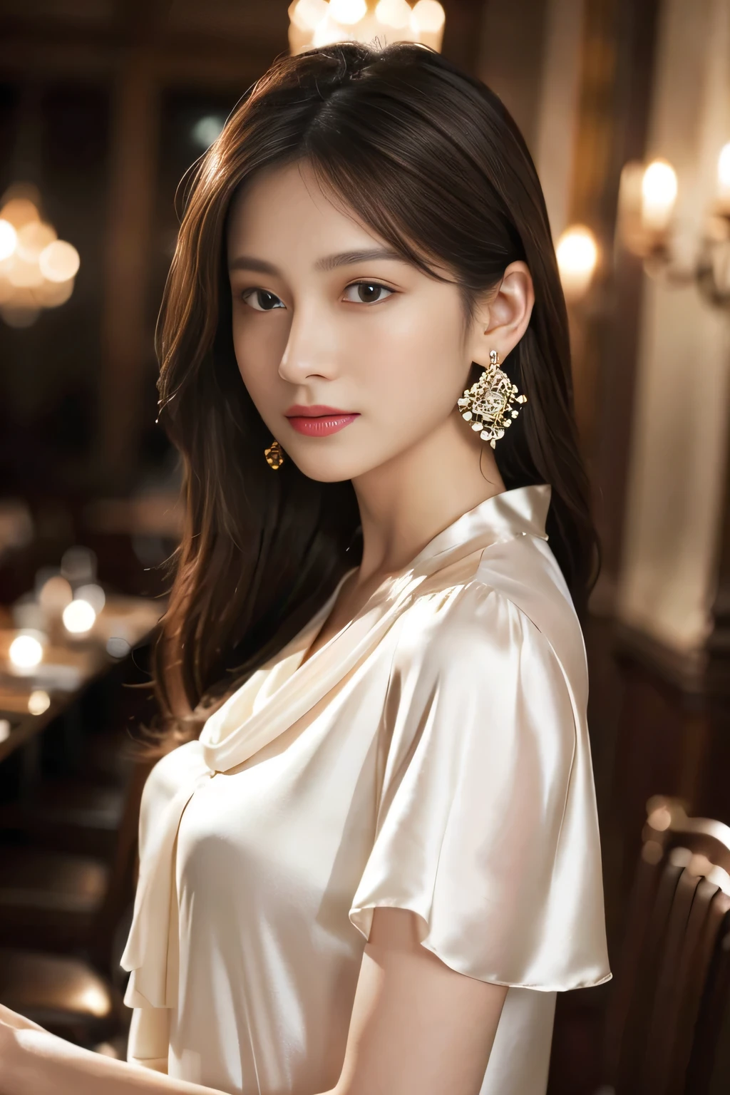masterpiece, Highest quality, Realistic, Very detailed, Finer details, High resolution, 8k wallpaper, One beautiful woman, Wear an elegant silk shirt, In a great restaurant, At night, Light brown messy hair, Perfect dynamic composition, Beautiful and beautiful eyes、Big earrings、chest、Sleeveless shirt、
