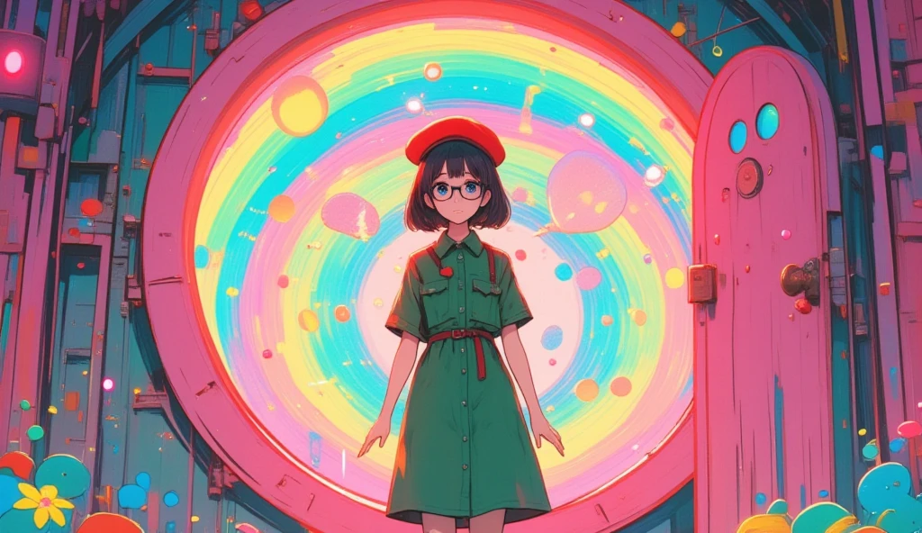 (masterpiece, high quality, high res, 4k, 8k, detail), cute Japanese girl (one solo, lo-fi girl, cute face, best smile), (black hair, short hair, black rimmed glasses, red beret, green shirt dress), (anatomically correct body, hands, fingers), cute pink round door opening, door seven-colored light shining through the other side.